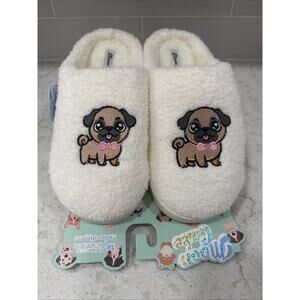 PUG Ladies Med 7/8 Memory Foam Hood Back Slippers House Shoes Faux Fur Lining